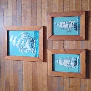 Vintage Paint by Numbers Painting - Trio of Boats Tall Ships Set of 3 Paintings